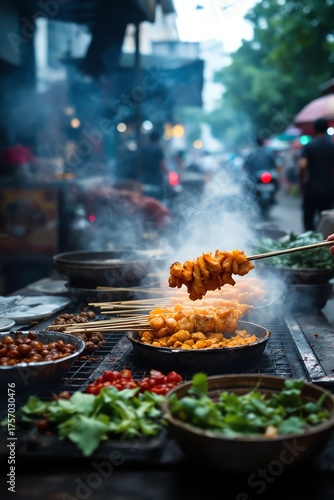 Street Food in Asia Delicious Grilled Chicken Skewers and Condiments