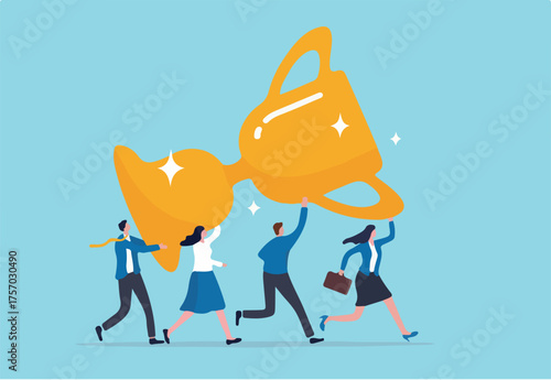 Team achievement, teamwork collaborate work together to achieve business goal, winning award or success, partnership or cooperate concept, business team people celebrate help carry big winner trophy
