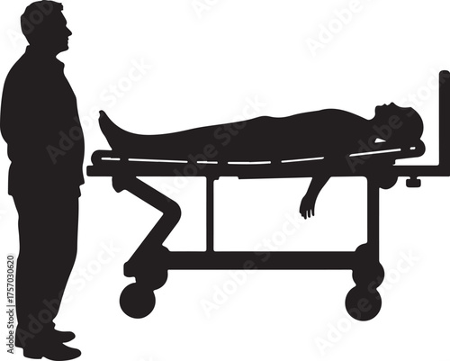 Silhouette man stands beside patient on medical stretcher