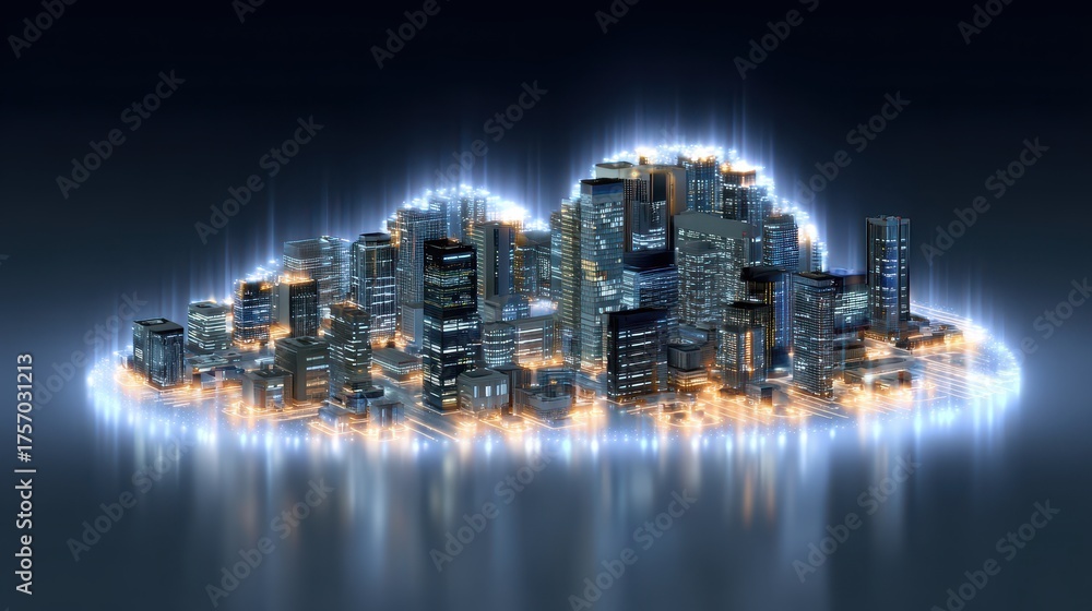Obraz premium glowing circuit board shaped like a cityscape visualizing cloud software service platform computing technology digital foundation
