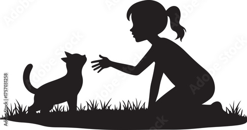 Silhouette of a girl reaching for a cat in grass child
