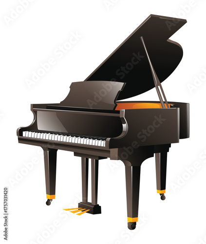 Grand piano with the lid open, a black, glossy musical instrument with white and black keys and gold pedals for performances. Vector cartoon illustration