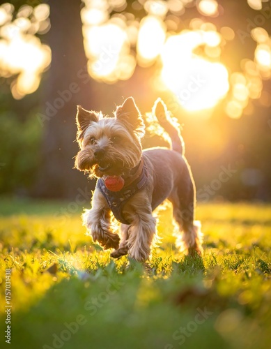 Yorkshire Terrier in a vibrant grassy field, backlit