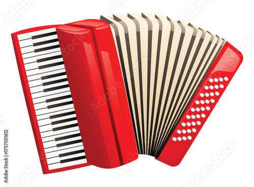Accordion in vibrant red with white keys and pleated bellows extended, a portable keyboard instrument popular in folk music. Vector cartoon illustration