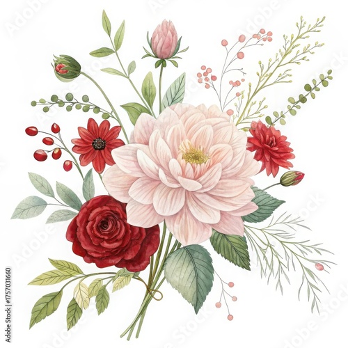 Watercolor floral bouquet with red rose, pink dahlia, and red poppy isolated on white background