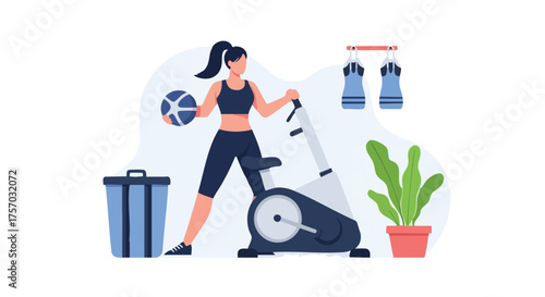 A woman in athletic wear prepares for a workout, holding a medicine ball near an exercise bike in a modern, illustrated fitness studio setting, promoting health and wellness.
