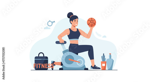A vibrant illustration depicts a woman exercising on a stationary bike while holding a basketball, promoting fitness and a healthy lifestyle with a clean, modern aesthetic.