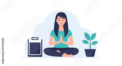 An illustration depicts a serene woman meditating with a plant and clipboard nearby, promoting mindfulness and relaxation in a clean, minimalist style.