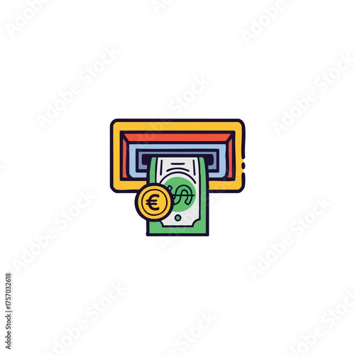 A colorful illustration depicts an ATM dispensing money with a euro coin, symbolizing financial transactions and cash withdrawals in a simple, modern design.