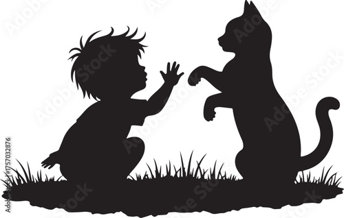 Silhouette of child reaching for cat standing on hind legs