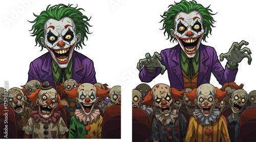 Sinister clown group illustration, creepy circus characters, horror jester artwork, scary joker design, dark fantasy clown scene, gothic nightmare