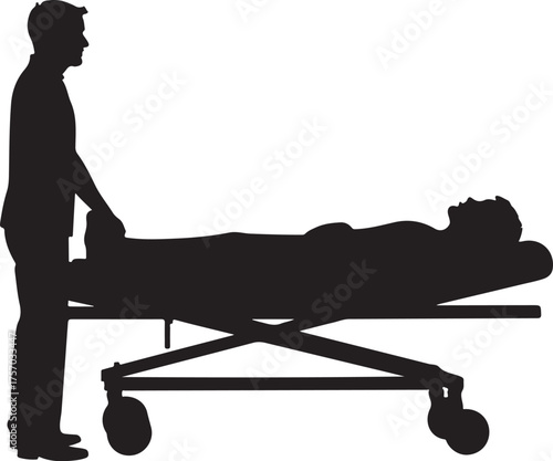 Silhouette of man pushing patient on medical stretcher
