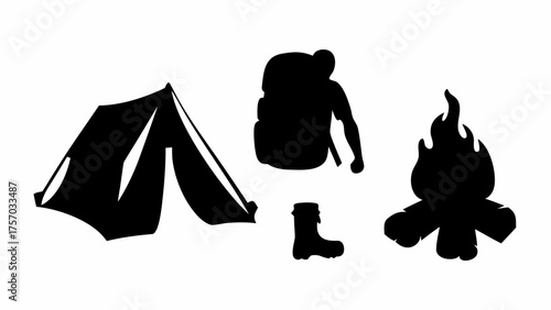Silhouette illustration showing camping equipment including a tent backpack boot and campfire scene outdoors