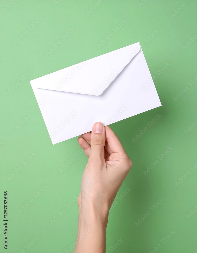 Fototapeta premium Hand holding a white envelope against a green background