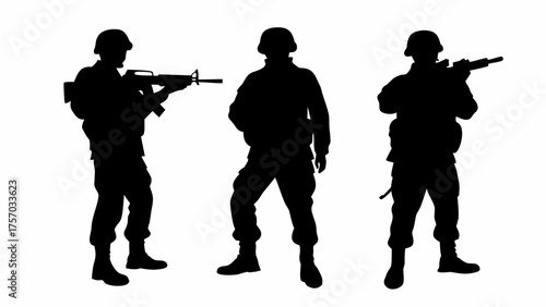 Silhouettes of three soldiers in uniform holding rifles standing against a white background in a row