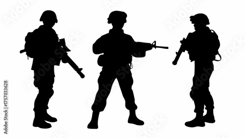Silhouette depiction of three soldiers armed with rifles standing in a line against white background