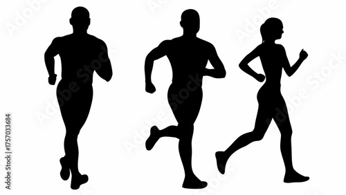 Silhouette depiction of three individuals engaged in the activity of running against a white background space
