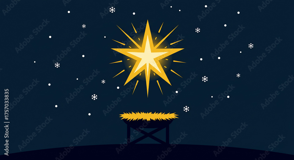 Fototapeta premium Bright Yellow Star Over Manger in Night Sky with Snowflakes in Christmas Nativity Scene