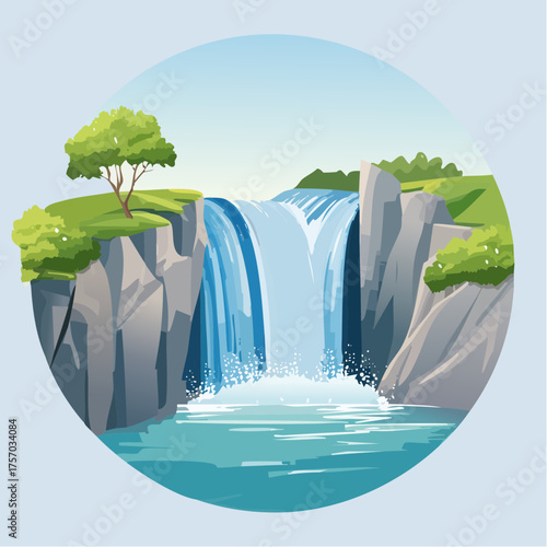 Illustration of waterfall cascading over rocks into a calm water basin