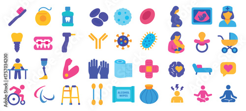 Healthcare and wellness icons: dentistry, pregnancy, childcare, disability support, hygiene