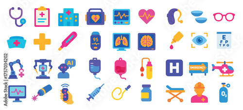 Colorful medical icons: stethoscope, heart, brain, ai, and more
