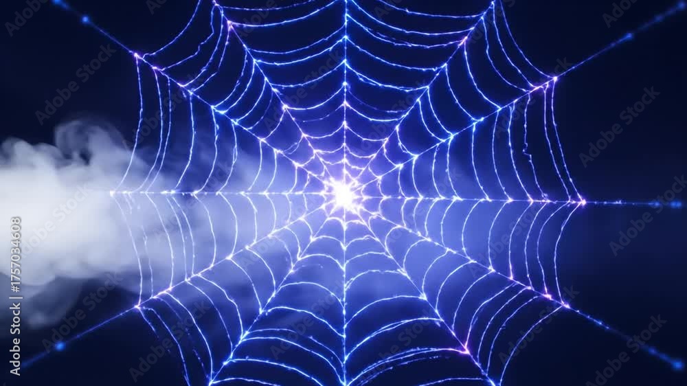 Glowing blue illuminated spider web at night with bright central point and wispy fog for spooky or Halloween themes