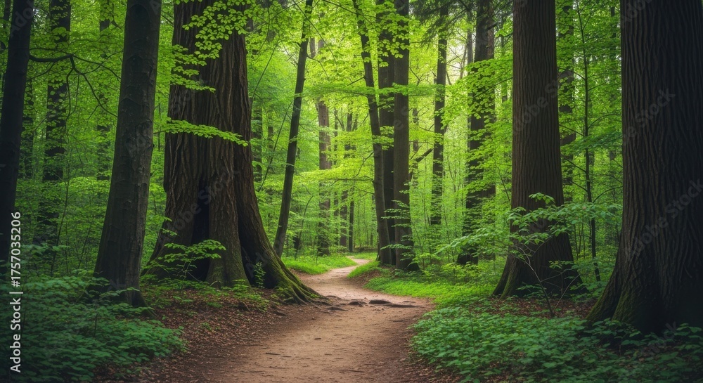 Obraz premium Serene forest path bathed in dappled sunlight winding through lush green trees