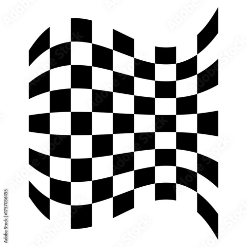 Waving checkered flag in black and white with a distorted perspective and curved edges design element
