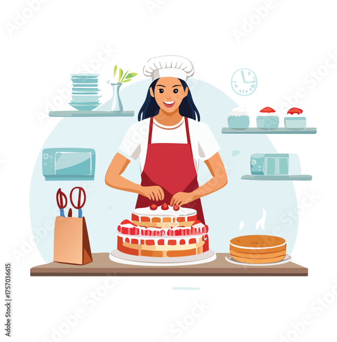 Smiling female pastry chef in a uniform joyfully decorating a delicious layered strawberry cake in a bright kitchen. Concept of culinary arts and homemade desserts