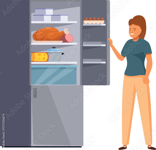 Housewife opening refrigerator full of food, choosing ingredients for cooking