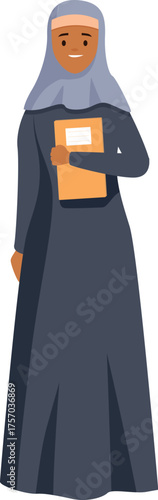 Young muslim woman in traditional clothing holding a book, representing education, knowledge, and empowerment