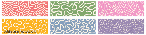 Twisted lines, fluid curved wiggling stripes vector 1:3 backgrounds banners set. Liquid funky chaotic ornaments, groovy hippie patterns collection. Doodle, uneven hand drawn wavy organic winding lines