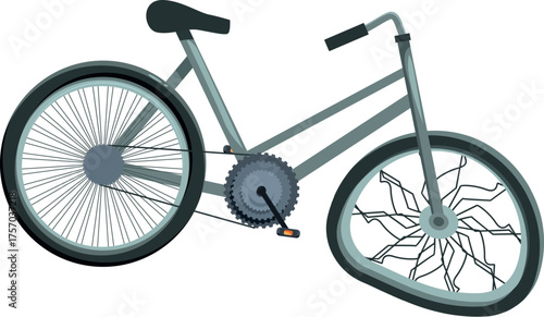 Grey bicycle leaning on white background showing broken front wheel with bent spokes