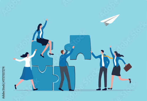 Employee engagement improve involvement or encourage employee success together, increase value and workplace motivation concept, happy business people, employees help complete jigsaw in their office