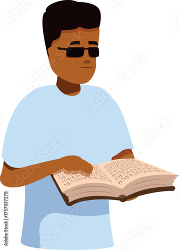 Visually impaired black man reading braille book with sunglasses