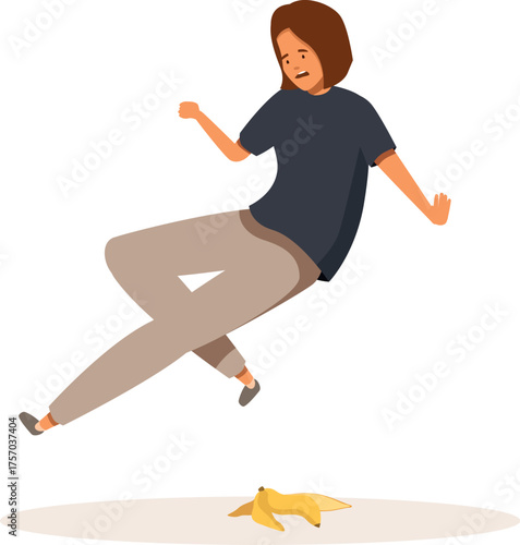 Young woman losing balance and falling after stepping on banana peel, representing accidents, clumsiness, and unexpected dangers