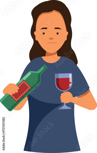 Young woman drinking wine, suffering from alcohol addiction, alcoholism concept