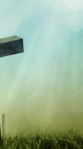 Animation of christian cross with multiple glowing points with grass on green background
