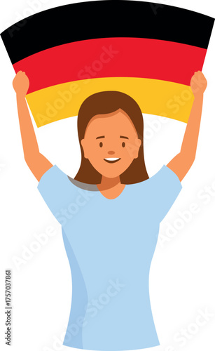 Smiling woman holding german flag, expressing patriotism and national pride during a celebration