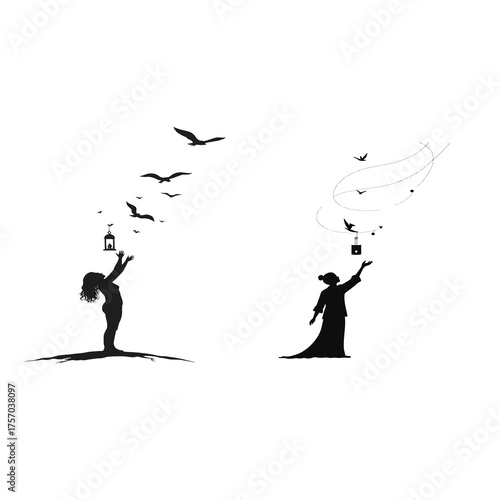 Silhouette of Women Releasing Birds and Lanterns Illustration.