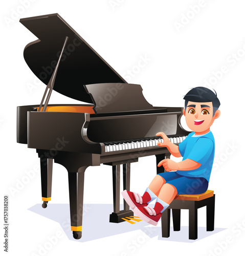 Little boy playing black grand piano. Happy kid practicing music. Child enjoying piano lesson. Vector cartoon character illustration