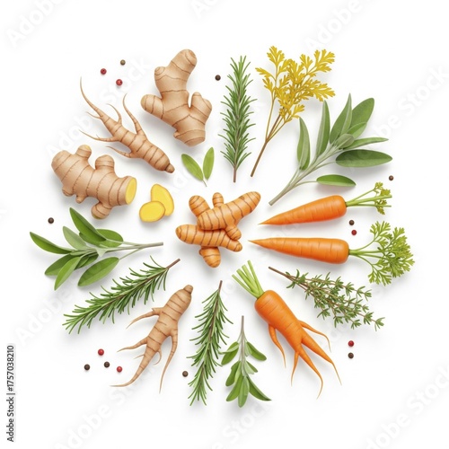 Fresh Vegetables And Herbs On White Background Top Down Still Life