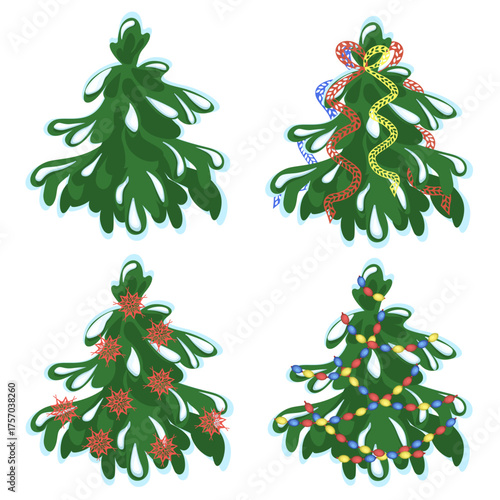 A set of Christmas trees isolated on a white background. A vector collection of Christmas trees for New Year and Christmas designs.