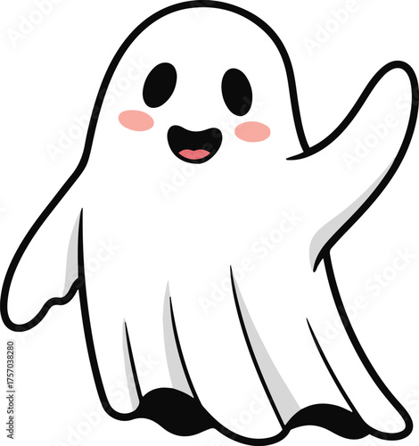 A cute, happy cartoon ghost with rosy cheeks, smiling and waving.