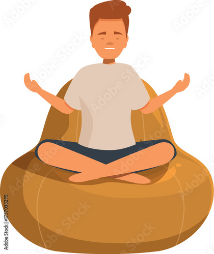 Serene young man practicing mindfulness, finding inner peace through meditation while sitting comfortably on a beanbag chair