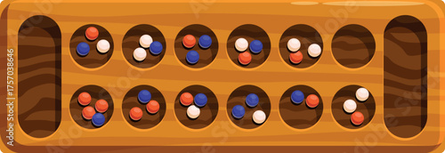 Mancala board game with colorful stones arranged in its pits, representing a mid game scenario