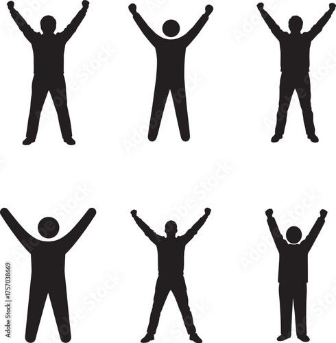 Six black silhouettes of people with arms raised in a jumping jack motion