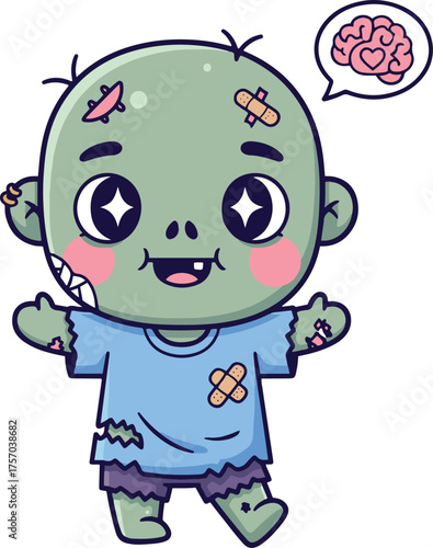 A cute, bandaged, cartoon zombie with rosy cheeks and sparkling eyes, wearing a torn blue shirt and purple shorts, thinking about a brain with a heart inside.