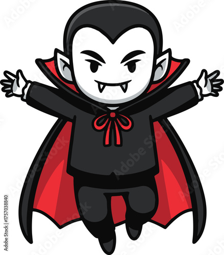 A cute, cartoon chibi-style vampire with fangs and pointy ears, wearing a black suit and a red-lined cape, with arms outstretched.