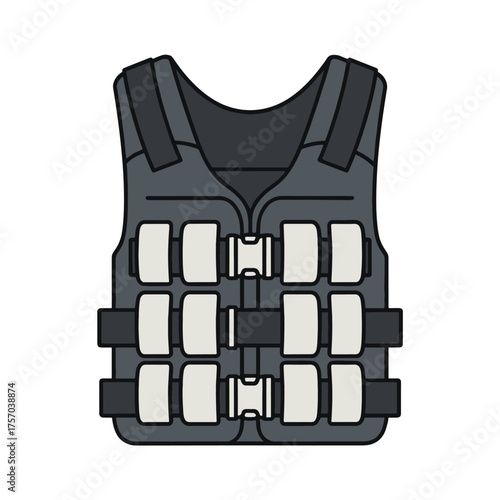 Dark gray tactical vest with white pouches and black buckles vector